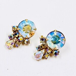Vintage Gold Tone Large AB Crystal Clip-On Earrings